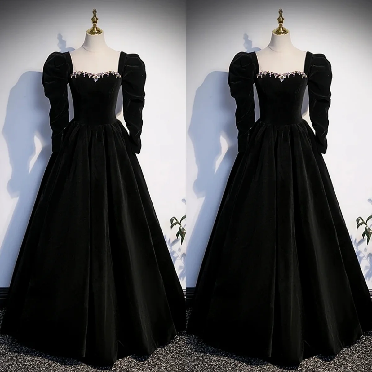 

Evening Dresses Black Velvet Crystal Square Collar Full Sleeves Lace up A-line Floor Length Plus size Women Party Formal Gowns