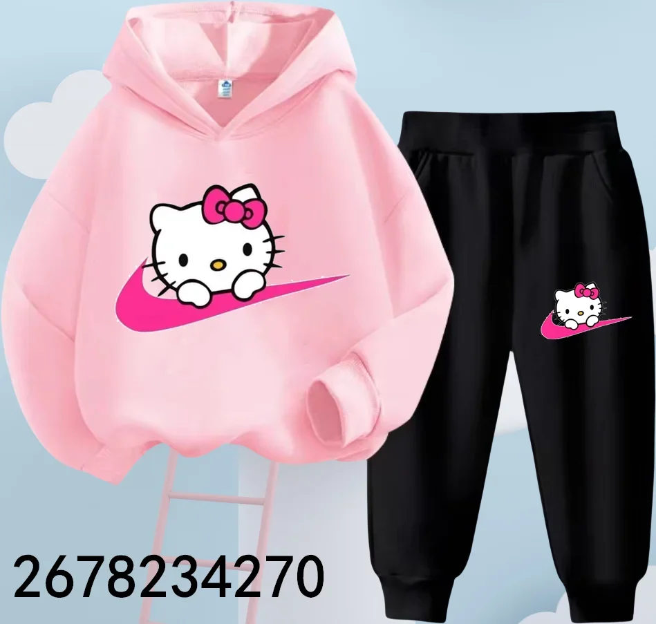 2024 New Hello Kitty Hoodie Set Kids Sweatshirts+long Trousers Clothes Outfits 4-14 Year Children's Cartoon Casual Spring Autumn