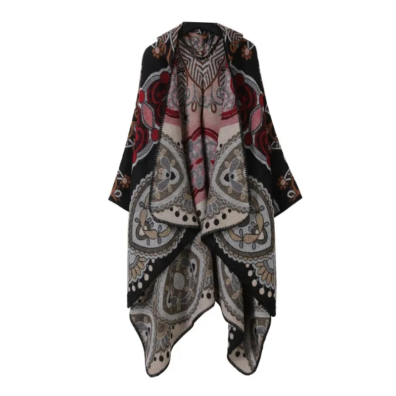 ヨーロッパとアメリカのストリートトレンドセッターポンチョ秋冬レディース特大プリントケープコートファッションレディース暖かいマントショール