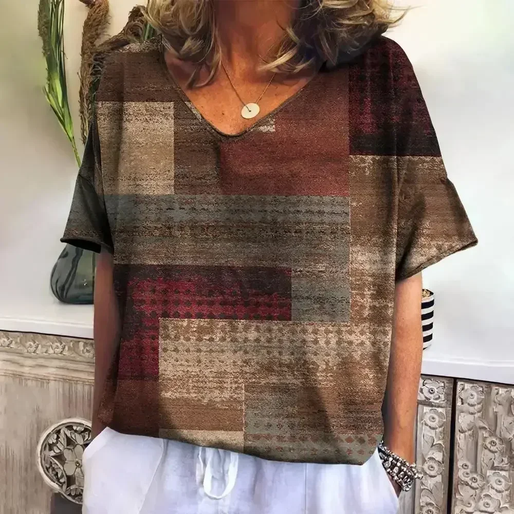 الصيف منقوشة الخامس الرقبة تي شيرت للنساء عادية البلوز جديد تيز Harajuku الملابس فضفاضة قصيرة الأكمام بلوزة بلوزات الإناث الموضة #1