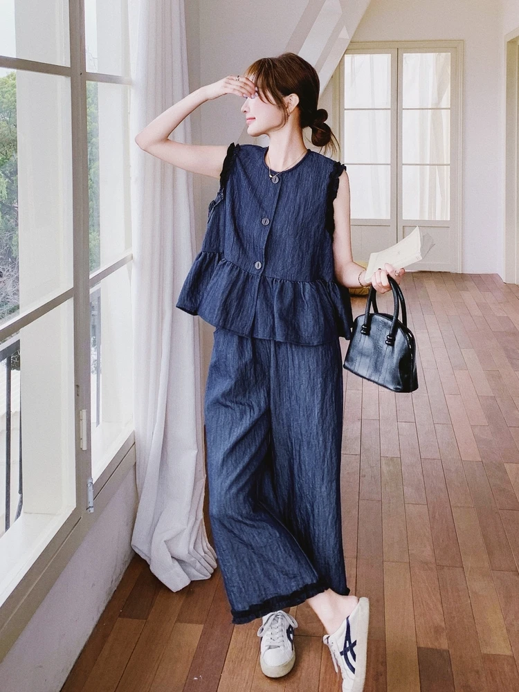 

Summer 2025 Women's Sweet Cool Sle Casual Denim Vest Wide Leg Pants Two Piece Set Long Pants round Ne Button Polyester Fiber