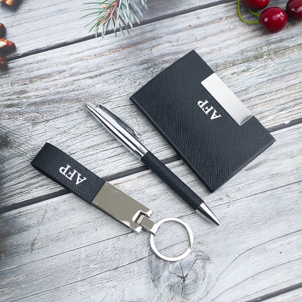Customized name business gift box, business card case/keychain/pen holder, credit card holder, leather keychain, Christmas gift