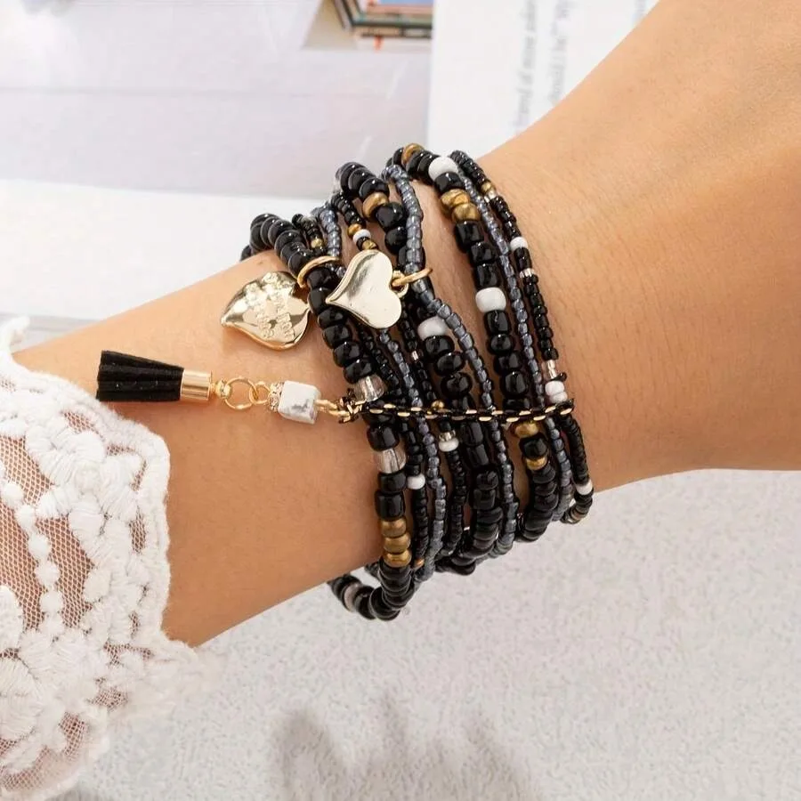 

Bohemian-Style Glass Bead Alloy Heart Tassel Chain Bracelet • A Set