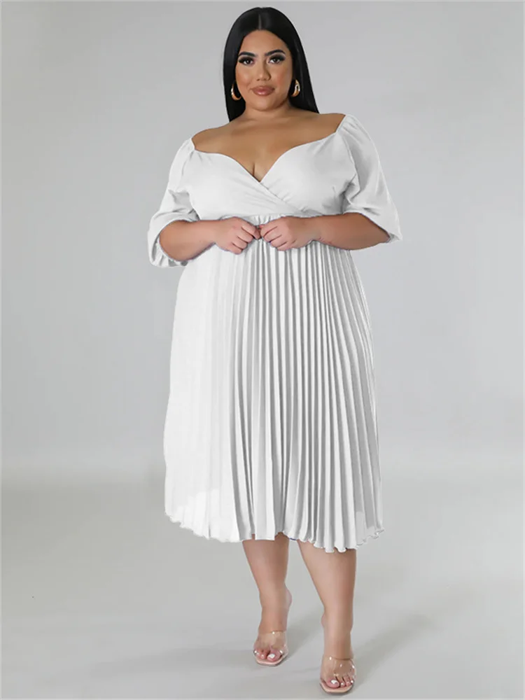 Wmstar Plus Size damskie sukienki na imprezę z solidnym dekoltem w szpic sukienka Maxi modne plisowane stroje sprzedaż hurtowa Dropshipping
