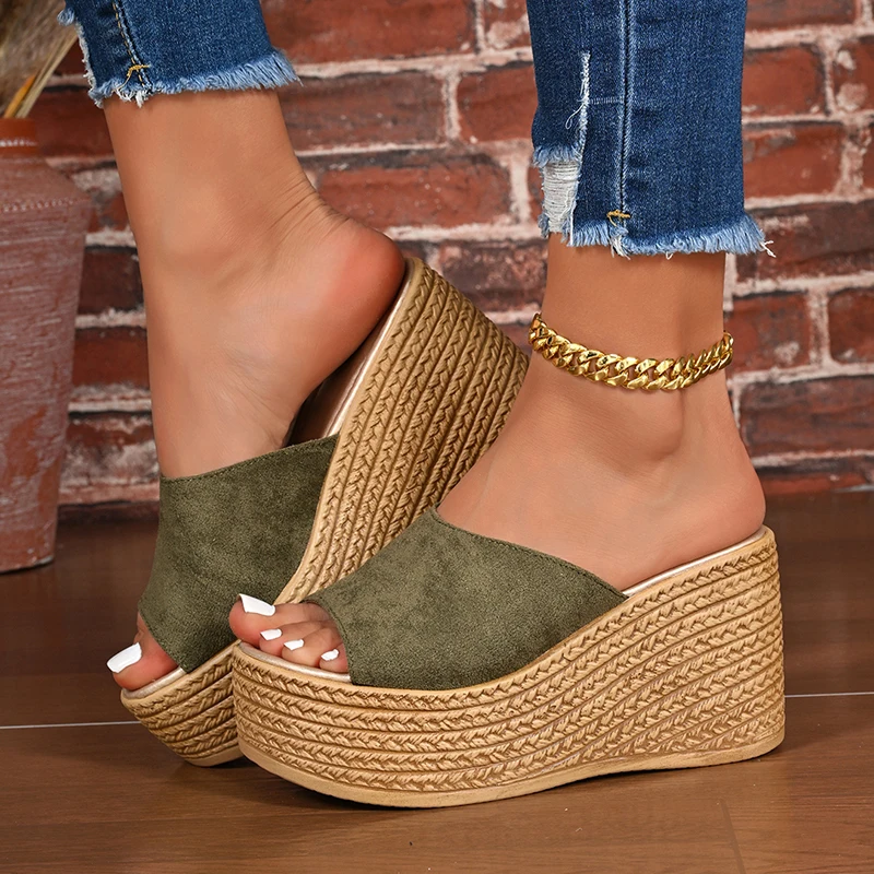 

Summer 9Cm Chunky Heeled Slippers Women Plus Size 43 Peep Toe Platform Wedges Sandals Woman Casual High Heel Sandles Female