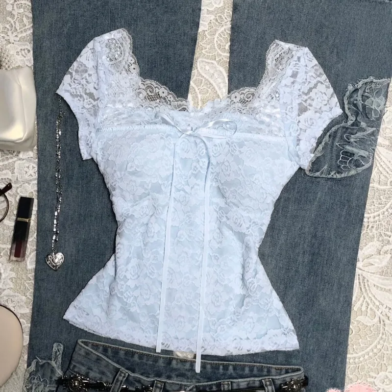 Chemisier d'été Vintage en dentelle abricot pour femmes, élégant, avec nœud doux, Slim Fit, rétro Chic Y2K, mode décontractée, doux, t-shirts, nouveau