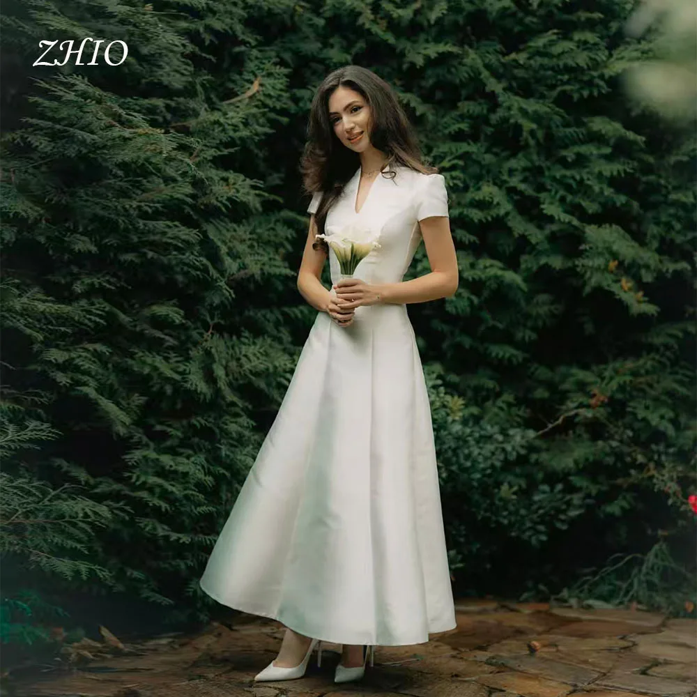 ZHIO Elegant V-Neck Short Sleeves Wedding Dress Ivory Satin A-Line Evening Party Dresses Bridal Gown Customized Robe De Mariée