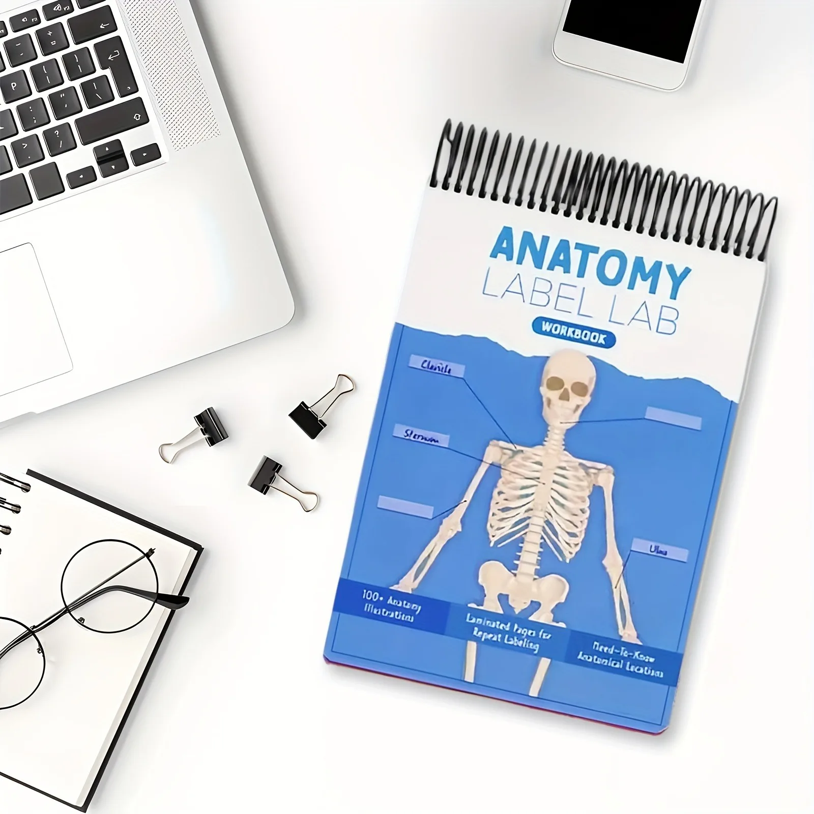 مصنف مختبر ملصقات التشريح - 100 صفحة متعددة من صور جسم الإنسان بالألوان الكاملة، صفحات سهلة الكتابة والتشريح والجسم