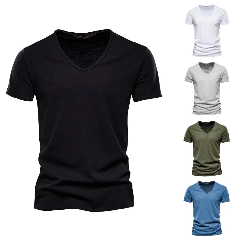 

Summer Men's New Solid Color Slub Cotton V-neck Short-sleeved T-shirt Pure Cotton