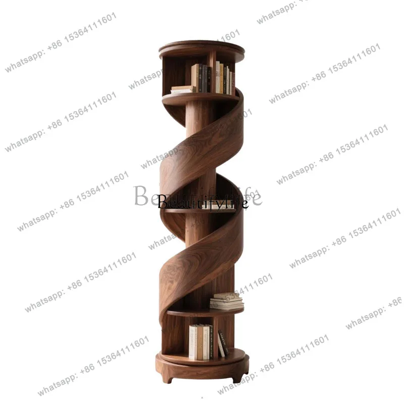 New Chinese-style North American black walnut spiral bookshelf, living room wall solid wood shelf