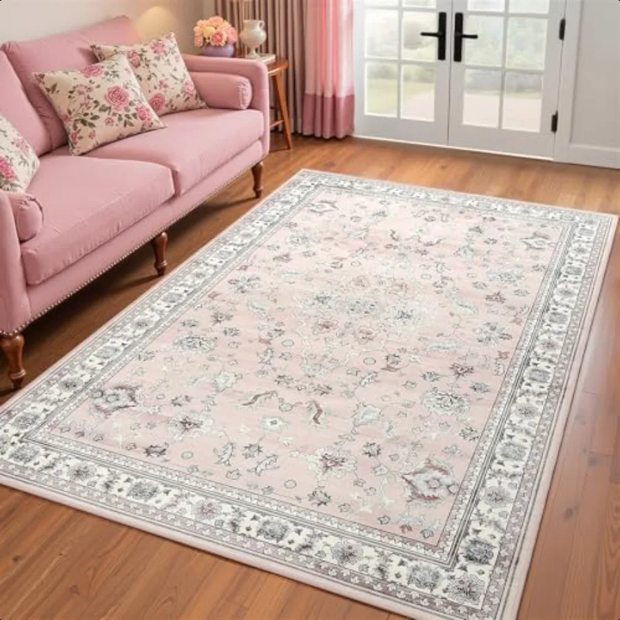 

4x6 Light Pink Washable Boho Area Rug for Living Room Floral Non Slip Bedroom Rugs Wool Low Pile Indoor Mat Aesthetic Pattern
