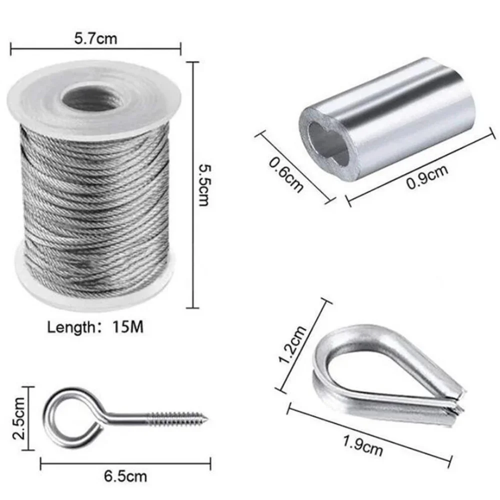 Corda de fio flexível de aço inoxidável, 15 metros, cabo macio, 2mm, conjunto de ganchos de suspensão para pendurar plantas, tenda, cortina, varal