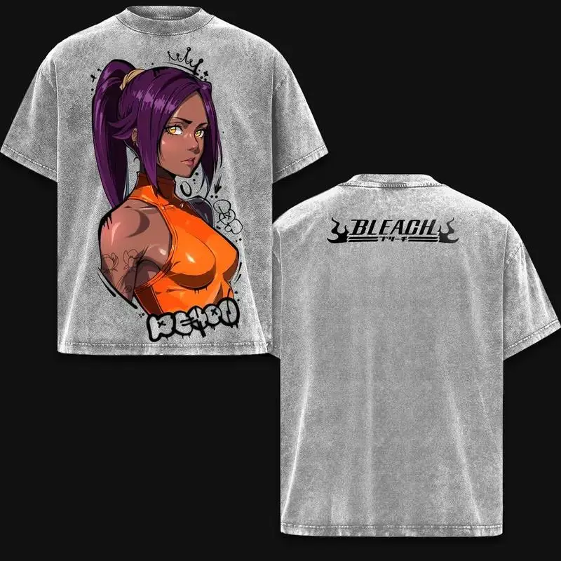 Anime BLEACH Shihouin Yoruichi Graphic T Shirt Men Short Sleeve Clothing Oversized Tshirt Washed Cotton Tee Harajuku T-shirt
