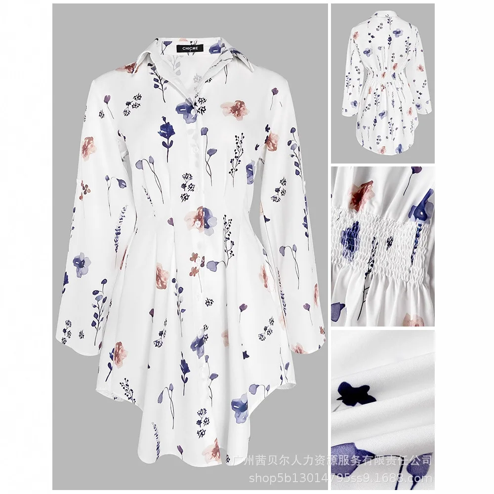 ผู้หญิงสูงเอวผีเสื้อพิมพ์ Turn-Down คอยาวแขนยาวลําลอง Shirred เสื้อชุด Bodycon เซ็กซี่