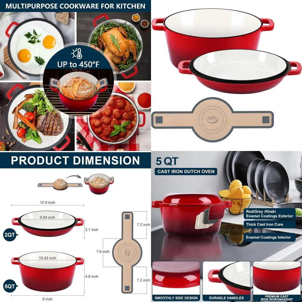 

2-in-1 Enamel Cast Iron Dutch Oven with Skillet Lid and Silicone Bread Sling, Perfect for Baking, Cooking, Stewing, Frying, Indu