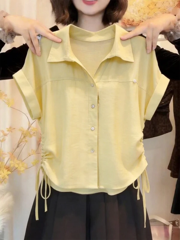 Summer 2026  Lazy Style Short Sleeve Shirt Women's Yellow Drawstring Waist Slimming Versatile Large Size Top