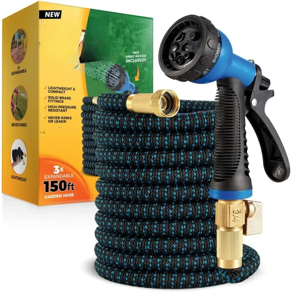 

with 8 Function Nozzle, Lightweight Expandable Garden Hose, No-Kink Flexibility, 3/4 Inch Solid Brass Fittings Double Latex Core