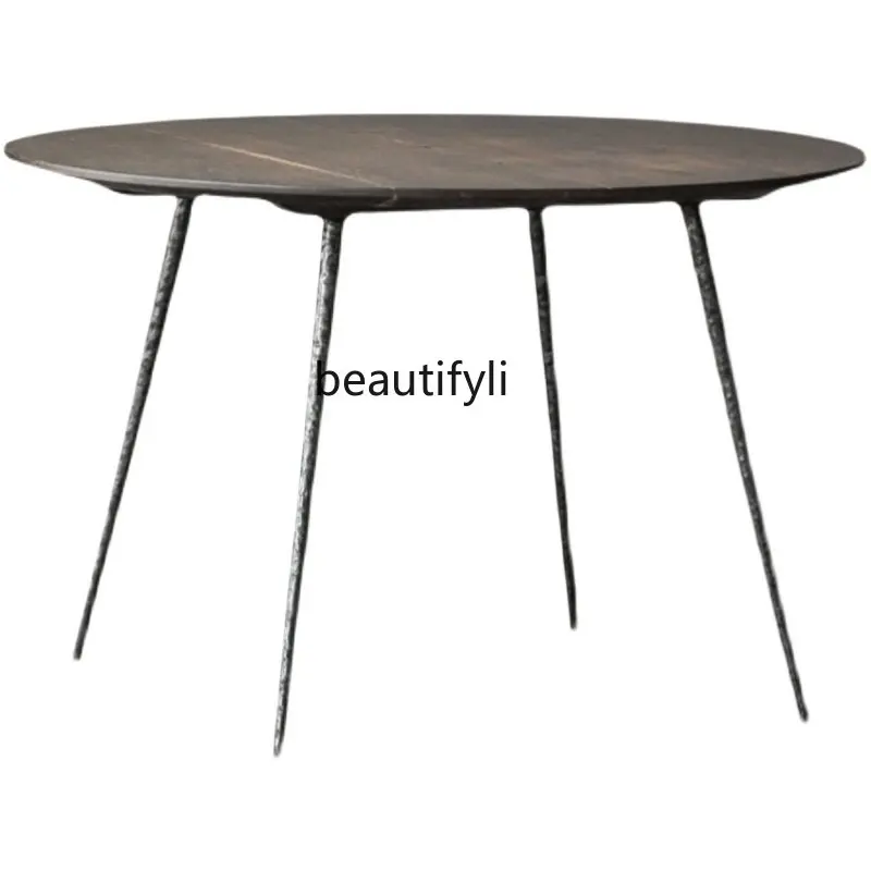 

yj Nordic round Retro Dining Table Solid Wood Dovetail Joint Industrial Style Iron round Table Dining Table