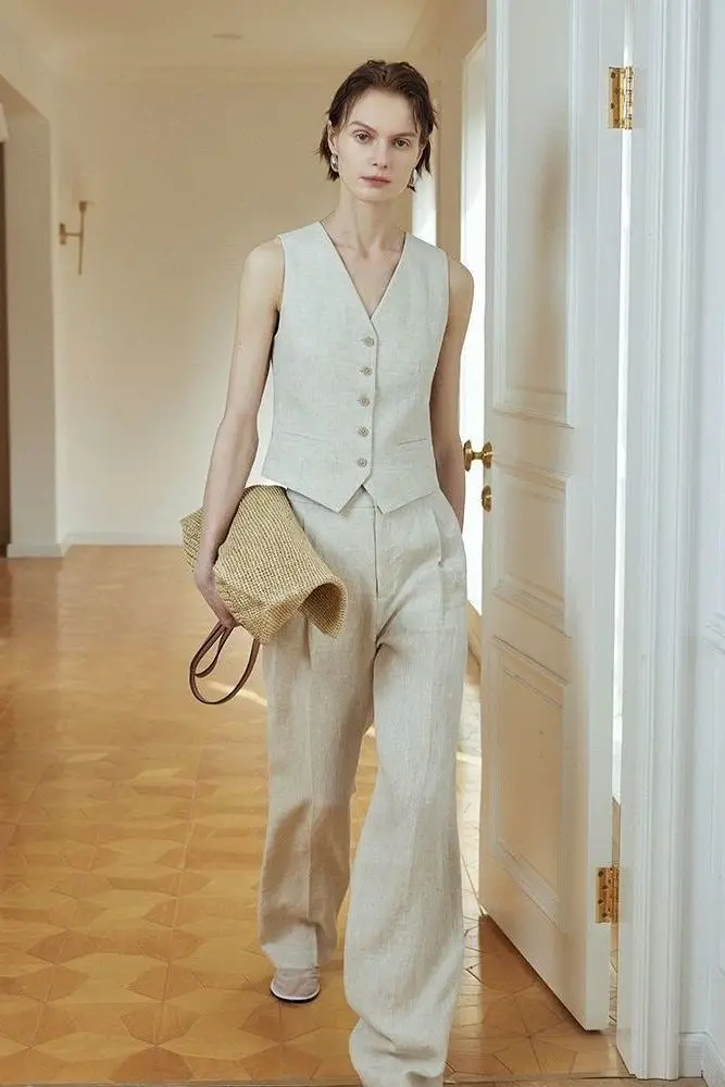 

​​Linen Set Women SS 2025 Vest Wide Leg Trousers Quiet Luxury Retro Minimalist Premium Two Piece Wealth​​
