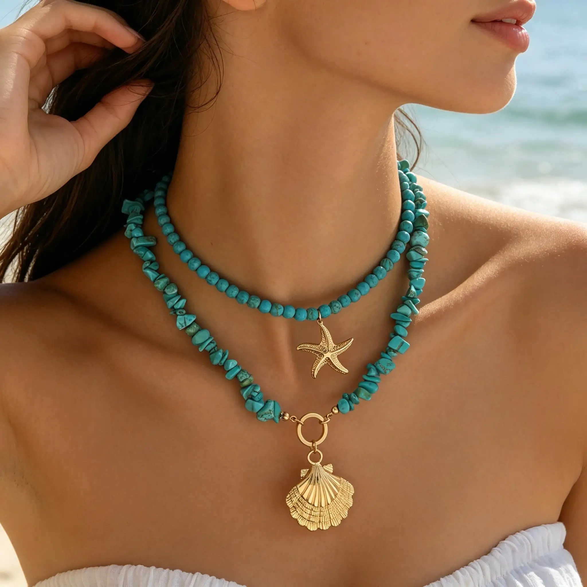 Women 2 Layer Turquoise Chip Stone Necklace Starfish Seashell Pendant Boho Beach Stackable Daily Jewelry