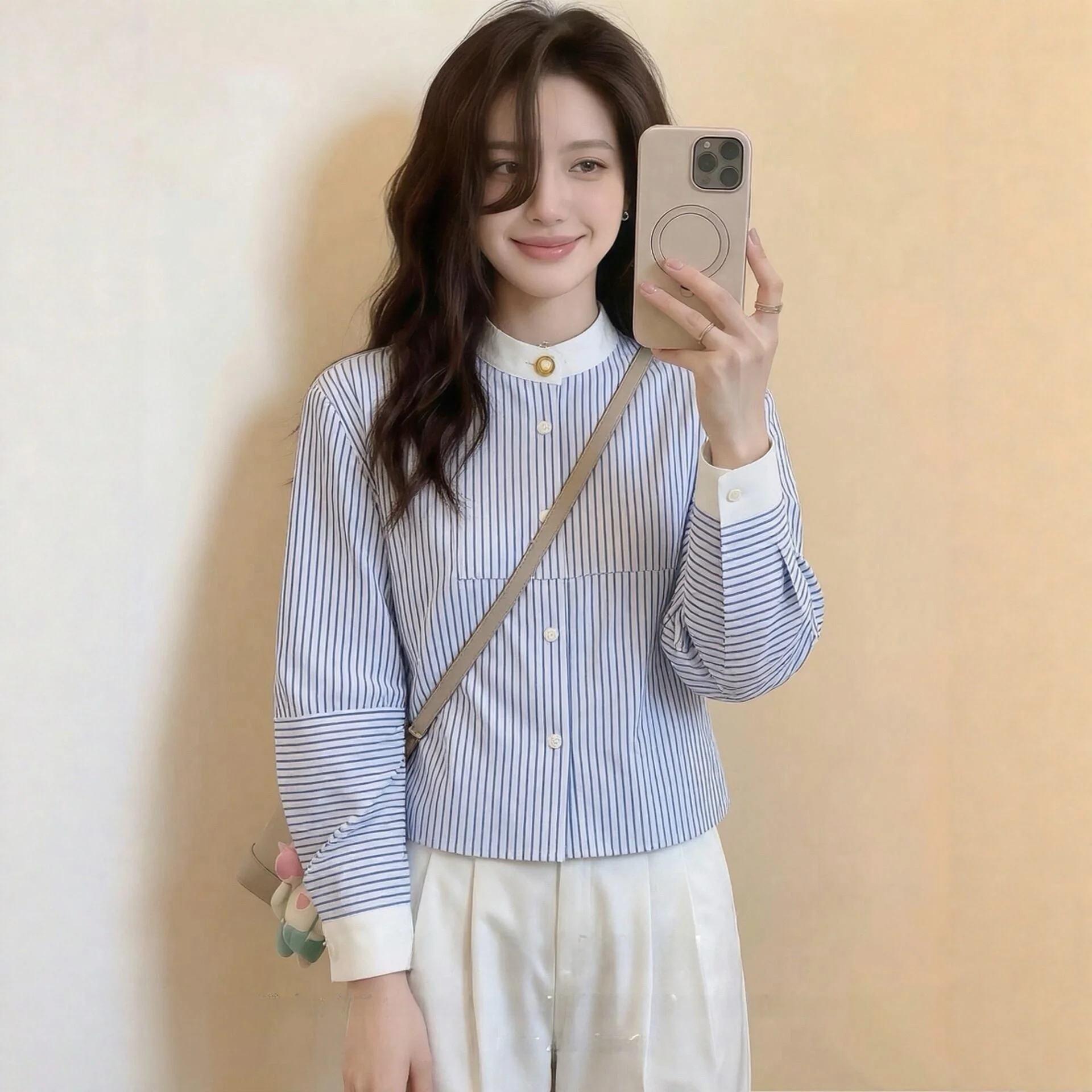 Blue Striped Stand Collar Long Sleeve Shirt Women's Early Autumn Unique Color Collision Design Beautiful French Style Blouse