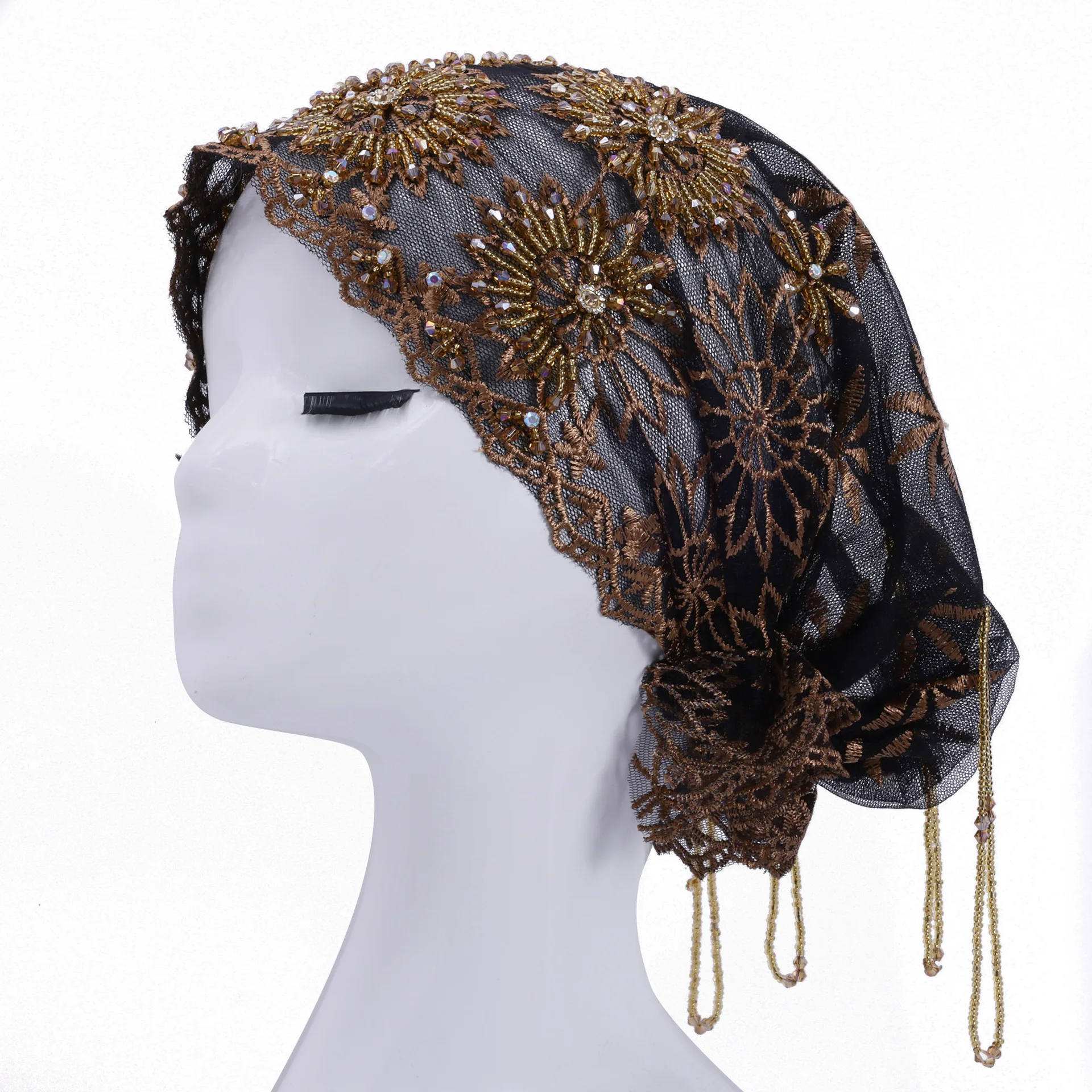 

Модный кружевной боннет с бисером для женщин, мусульманский внутренний хиджаб, тюрбан, исламская шапка для свадьбы и вечеринок, головной убор, шапка-бини с бахромой и бисером, тюрбан-кепка