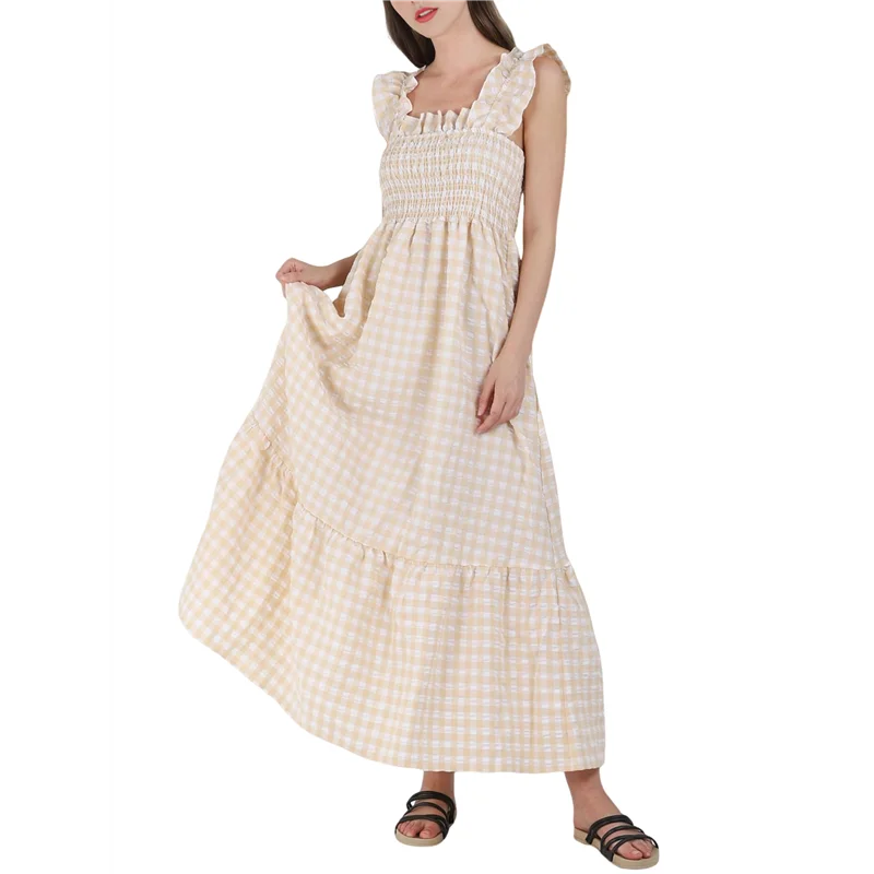 ABP-Vestido largo retro a cuadros para mujer, vestido largo con volantes y tirantes finos