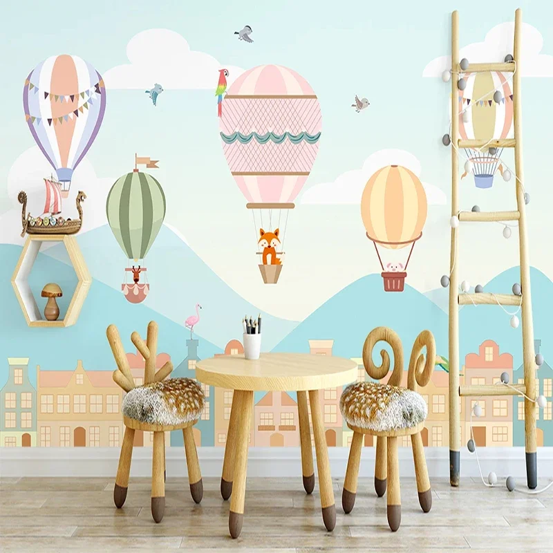 Custom Photo Mural Wallpaper Hand Painted Colorful House Hot Air Balloon Animal Children Room Boys Girls Bedroom Wall Painting