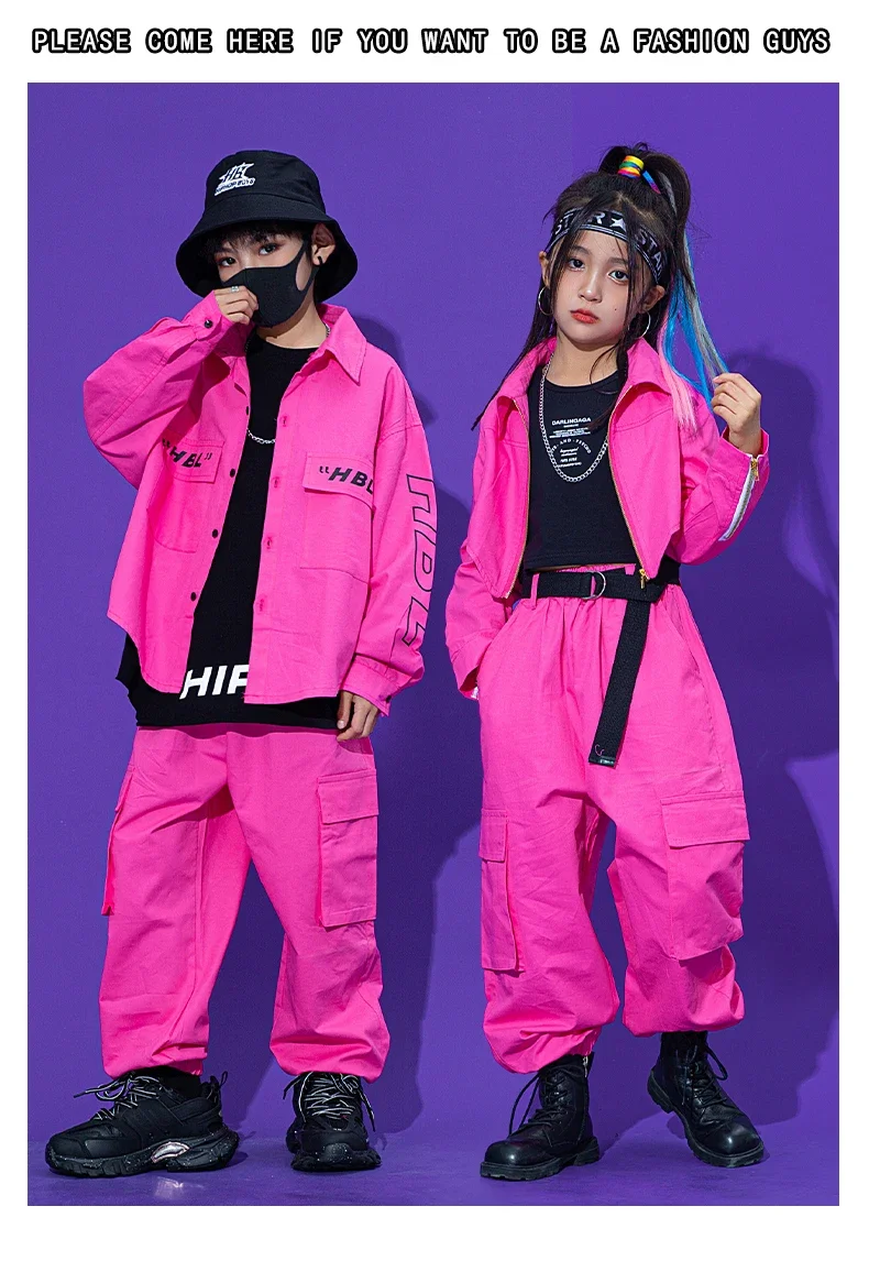 Traje Rosa Kpop Infantil, Roupas de Dança Hip Hop, Casaco Ferramental, Calças Cargo, Grupo Concerto Meninas, Roupa de Desempenho Hip Hop