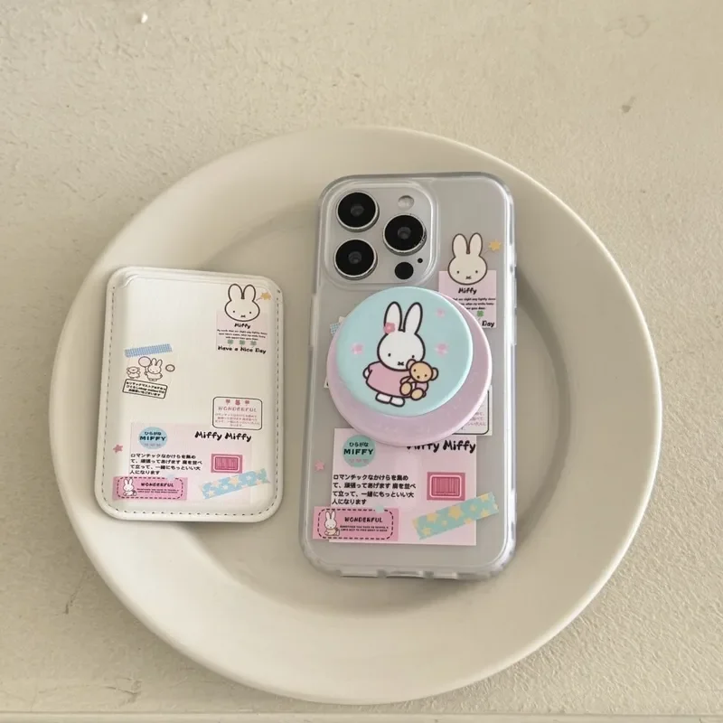 Miffy Rabbit Illustration Magnetic Card Holder Phone Case Cute Shockproof Cover For iPhone 15promax 16 14Plus 13 12 11 X Card