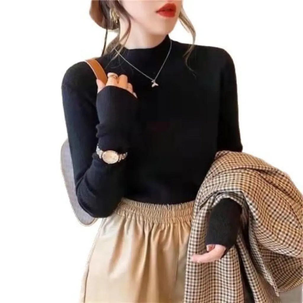 

Women's Long-Sleeved Sweater Autumn Winter Half Turtleneck Slim Fit Inner Top Versatile Warm Bottoming Shirt