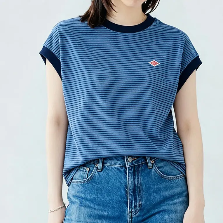 Summer New Pure Cotton Short Sleeve T-Shirt Japanese Style Printed Striped Color Block Women's City Walk Standard Fit round Neck