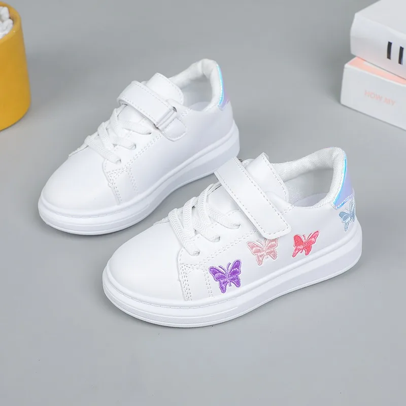 Spring Autumn Children Waterproof Sneakers Girls Soft-Soled Slip-On Sports Shoe Skate Shoe Kid PU Leather Thick-Soled White Shoe