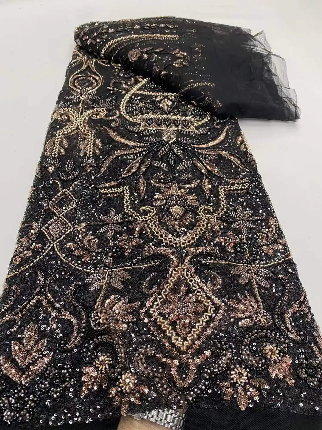 

African French Mesh Lace Beads Fabric Luxury Nigerian Net Lace with Sequins Wedding Dresses For Women High Quality,5yards DP
