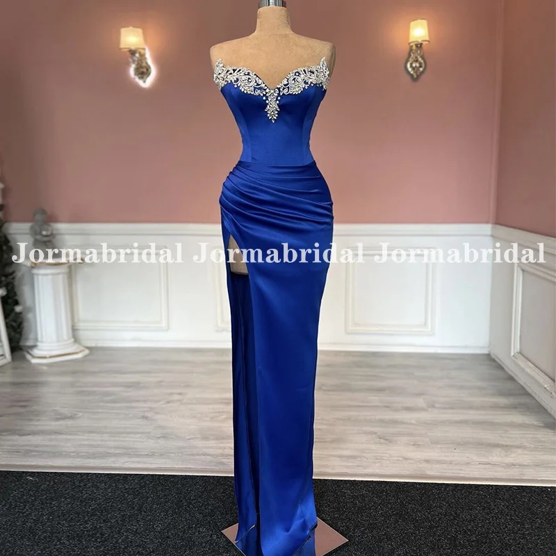 

Royal Blue High Slit Prom Dresses with Rhinestones Sweetheart Neckline Mermaid Ruched Satin Evening Gowns فساتين مناسبة رسمية