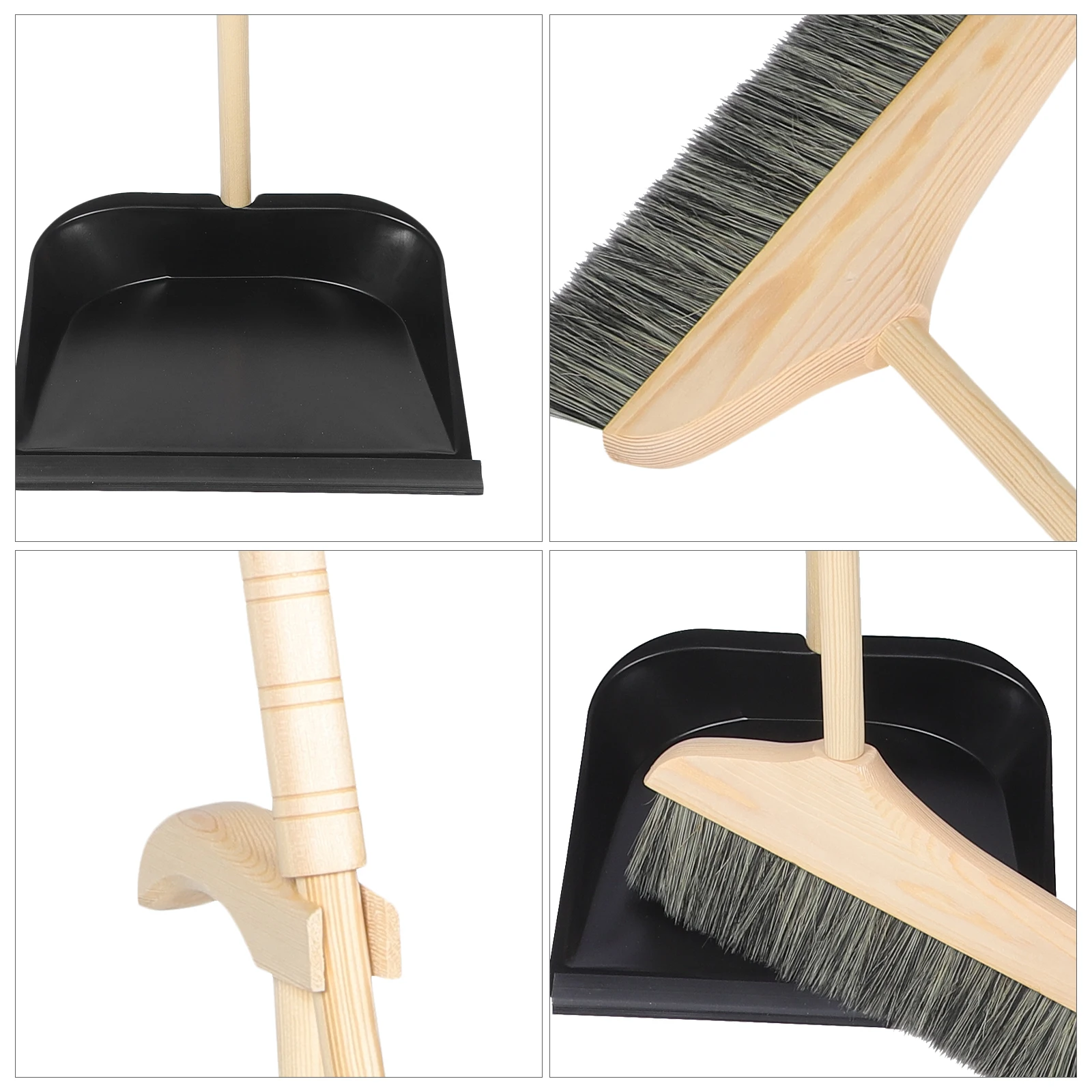 

Solid Wood Bristle Broom Dustpan Set Long Handle Home Cleaning Supplies Black Hair Brush for Indoor Outdoor Use