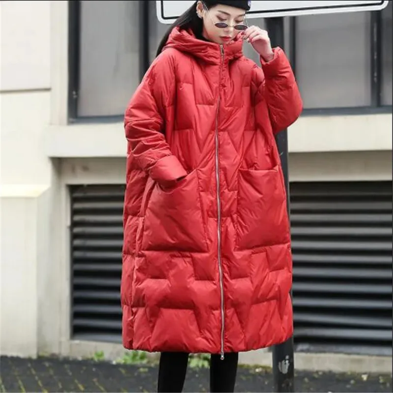 

2022 Winter New Down jacket Women Long over-the-knee loose wide version warm hooded Korean white duck down jacket A1007