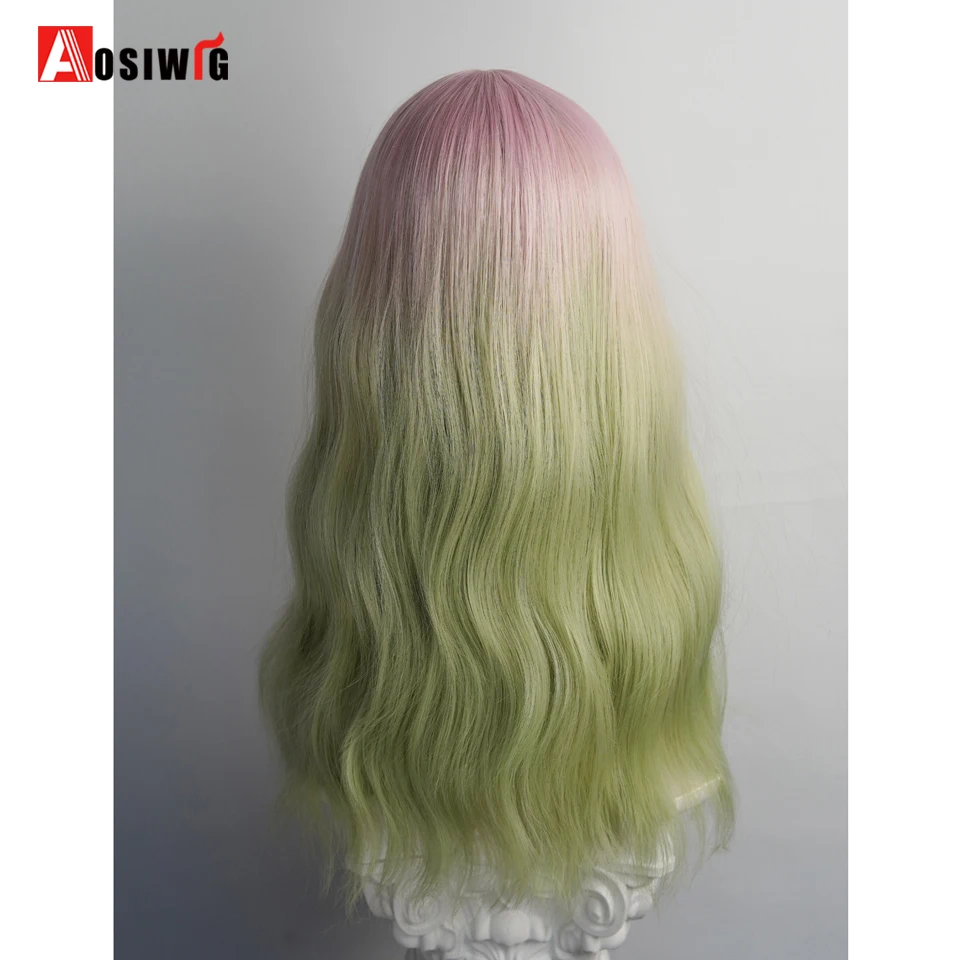 Peruca sintética de onda longa com arranca para mulheres, ombre, gradiente rosa, lagarto verde, fofo, lolita, festa, cabelo cosplay