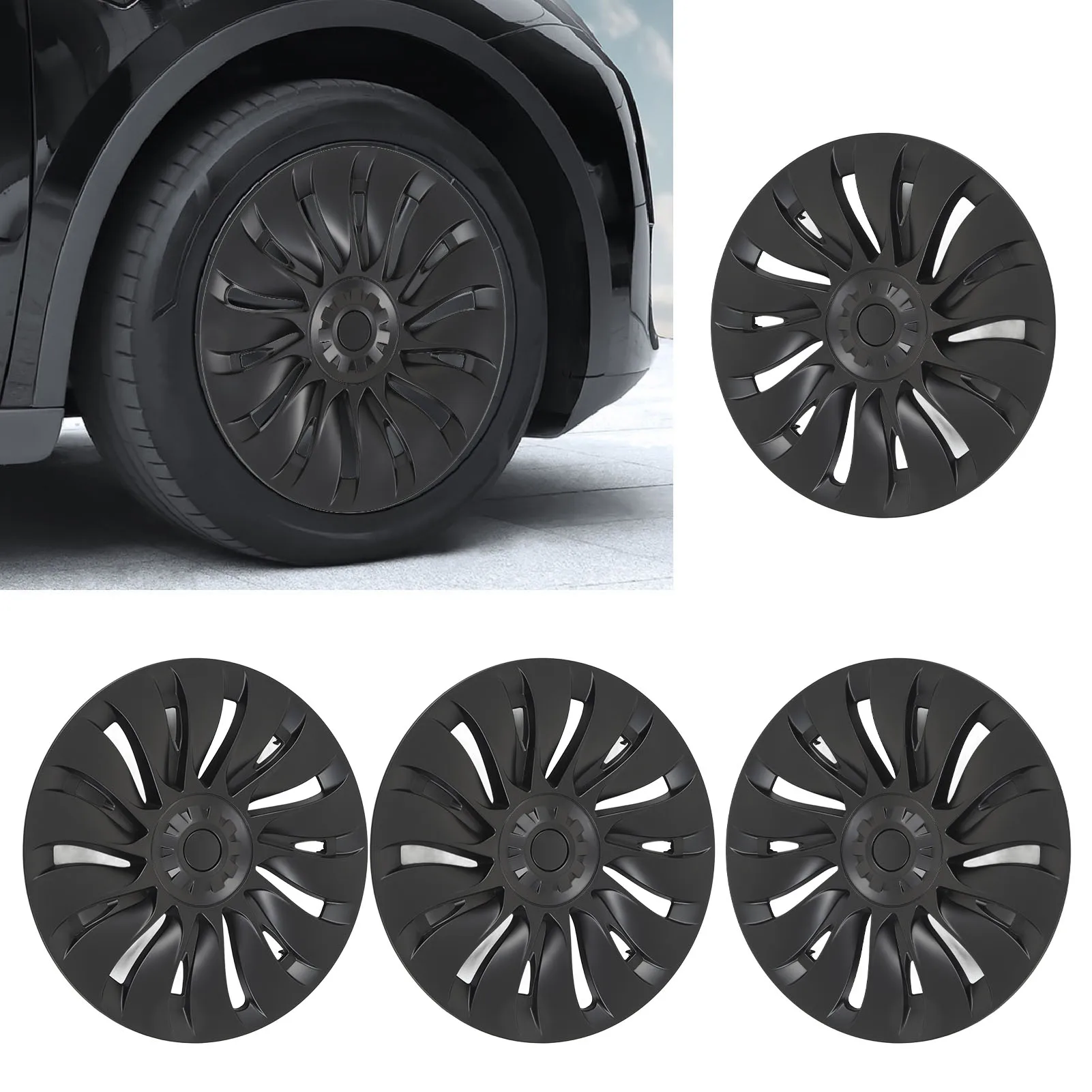 4 Pcs 19 Inch Wheel Hub Cap Matte Black Automobile Wheel Hub Fully Wrap Rim Protector Replacement for Tesla Model Y 2020 to 2023