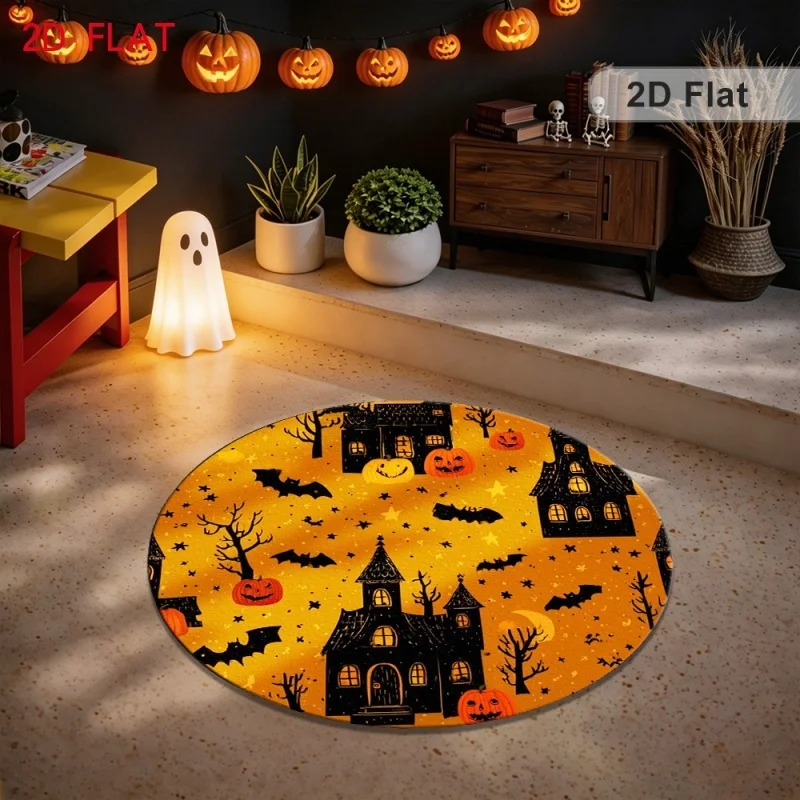 Halloween Haunted House Pumpkin Bat Round Rug,Spooky Printed Floor Mat,Indoor Living Room Bedroom Home Decor Carpet