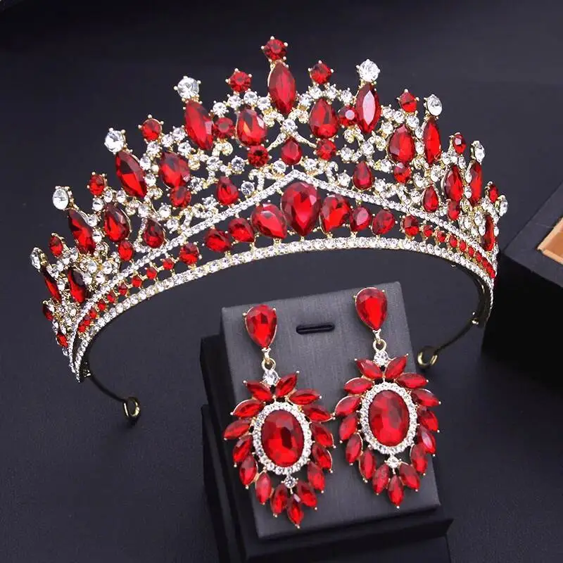 Red Crystal Tiara Sets Women Bridal For Wedding Birthday Party Princess Queen Tiaras And Sliver Hair Jewelry Bride Crown Set