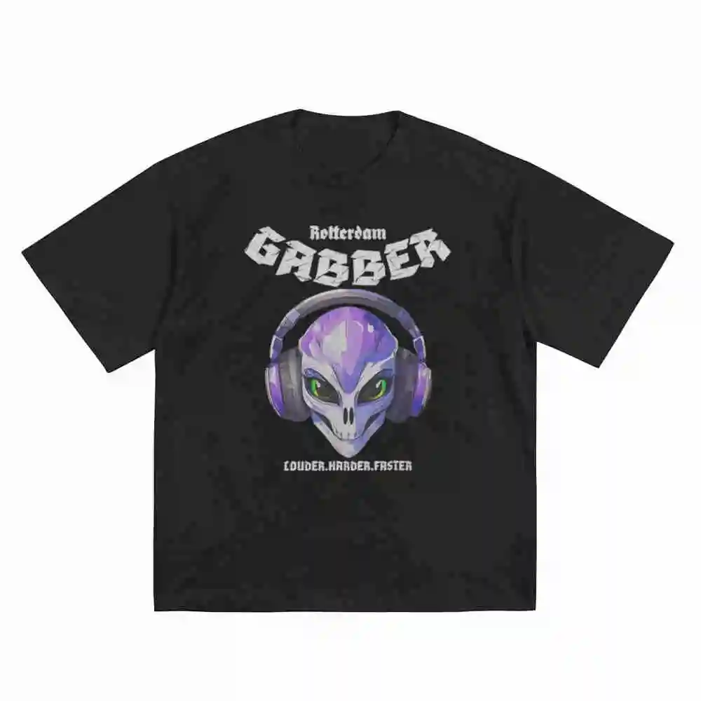Gabber Rotterdam Alien Head Hardcore Techno Rave DJ Short Sleeve Tee 100% Cotton T-Shirt