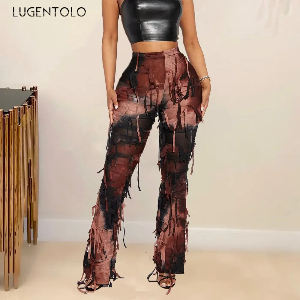 

Lugentolo Women Personality Fringed Pants Street Elastic Waist Tie-dye New Lady Fashion Tassel Straight Leg Casual Trousers