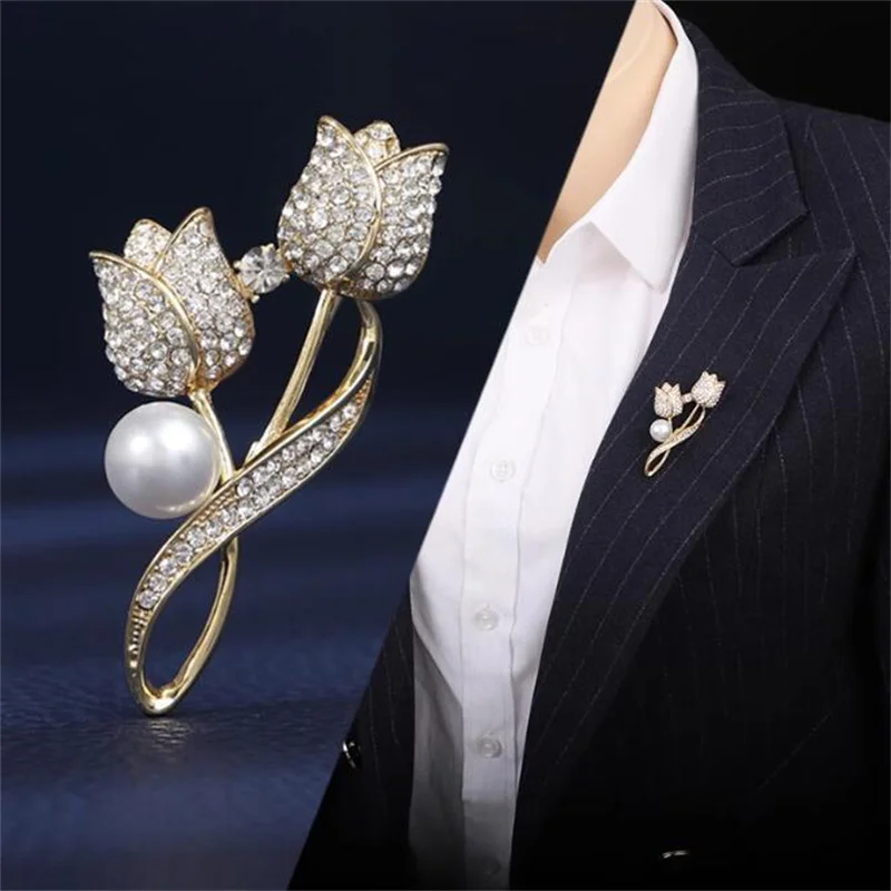 Korea Elegant Pearl Zircon Brooches for Women Tulip Ginkgo Bamboo Pins Opal Wheat Ear Suit Brooch Anti V-Collar Exposure Pins