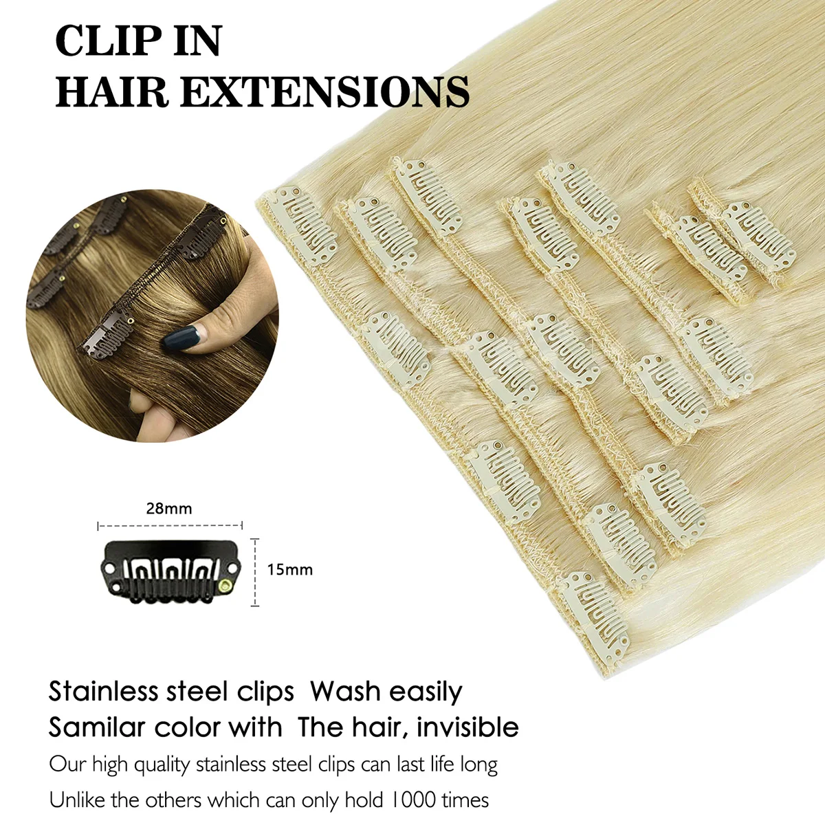 Clips in Hair Extensions Real Human Hair Golden Blonde #613 7pcs Straight Clip ins Remy Hair Extensions Add Hair Length&Volume