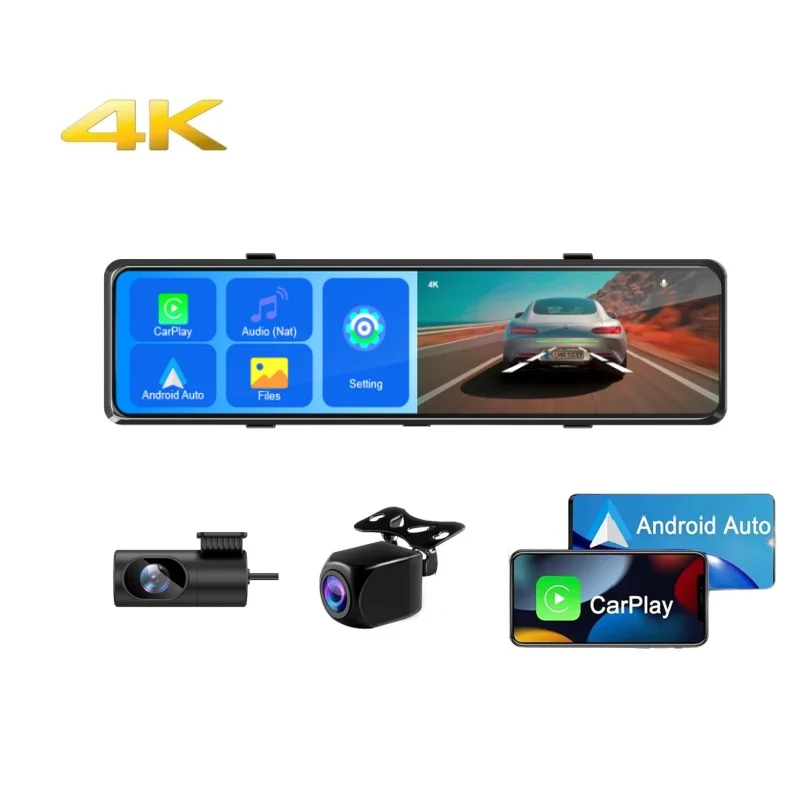 

12" 4K Dash Cam Wireless CarPlay Android Auto ADAS Car DVR 5G WiFi GPS FM 24h Parking Rearview Mirror Camera Recorder