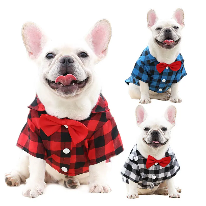 Plaid Pets Clothes Small Medium Large Dogs Shirt Suit Wedding Dress French Bulldog Pug Corgi T-shirt with Bow Tie Pets Costume