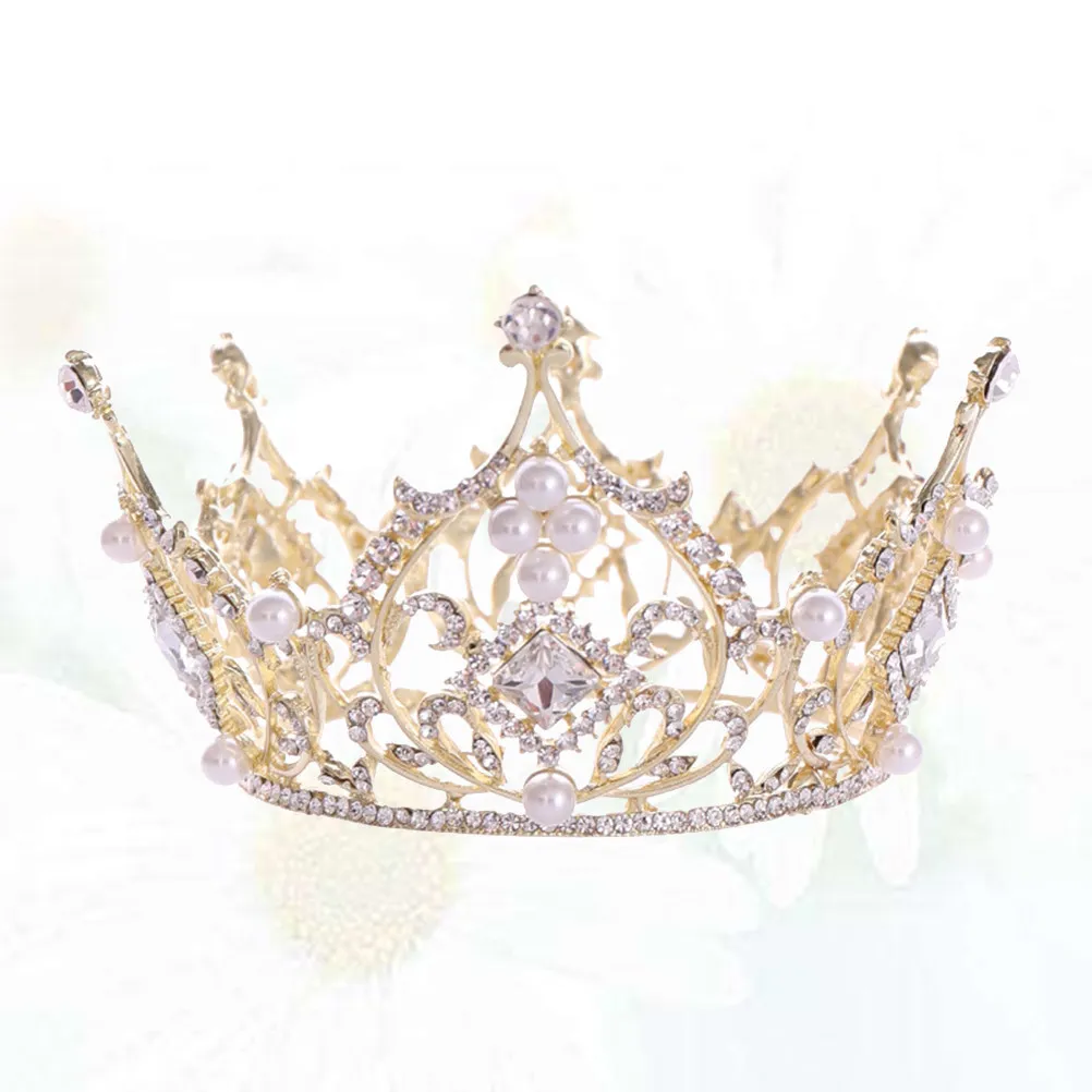 Round Baroque Crown for Women Sparkling Diamond-Like Rhinestone Tiara Perfect Wedding Engagement Ceremony Headwear Golden