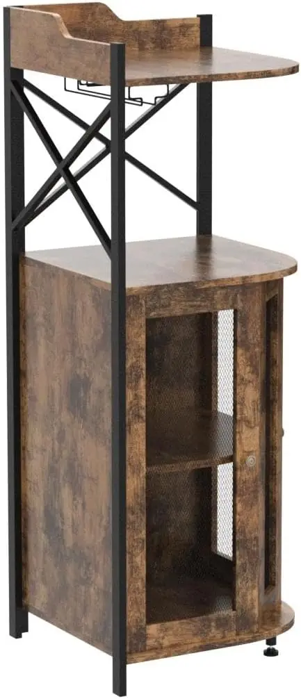 JKsmart-Bar Armário com Suporte de Vidro, Industrial Wine Cabinet com Porta Mesh, Liquor Bar Cabinet com Prateleira Ajustável