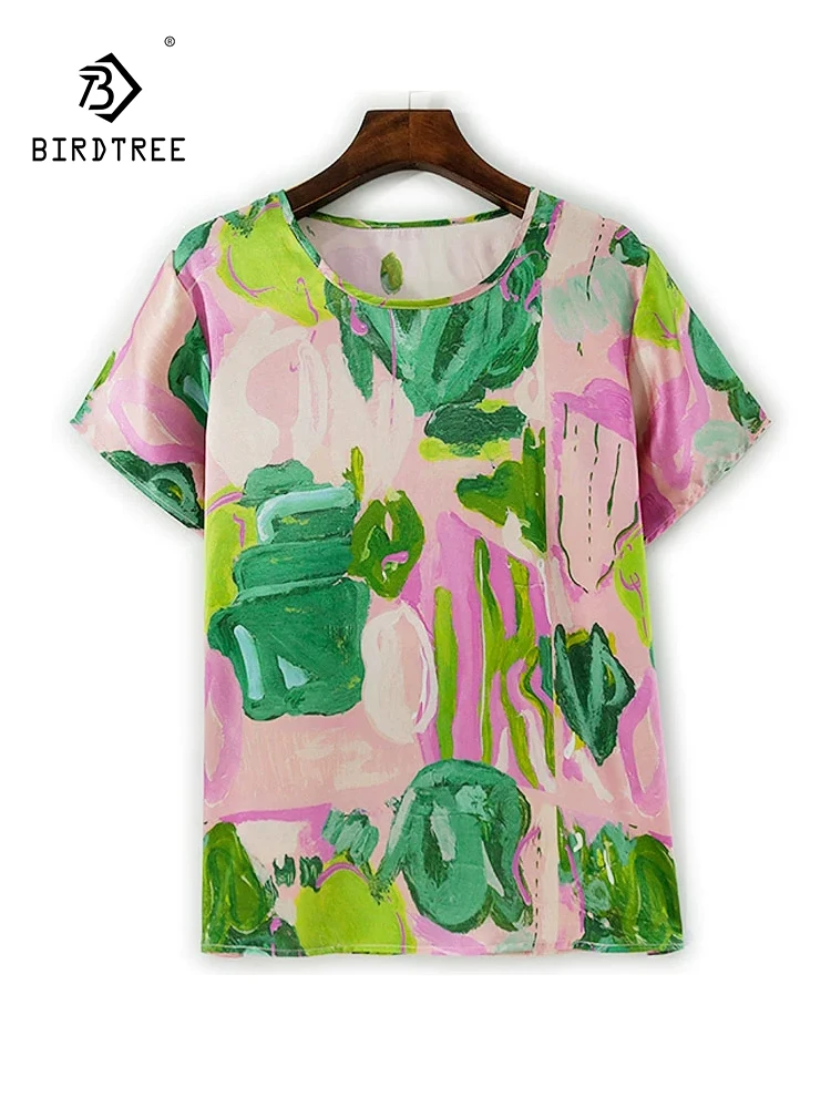 BirdTree-Silk Elegant T-Shirt, O Neck Short Sleeve Graffiti Printed, Women Breathable Casual Loose Top, 2025 Winter New T5N032CC